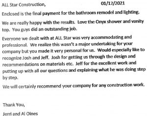 Letter thanking All Star Construction for work
